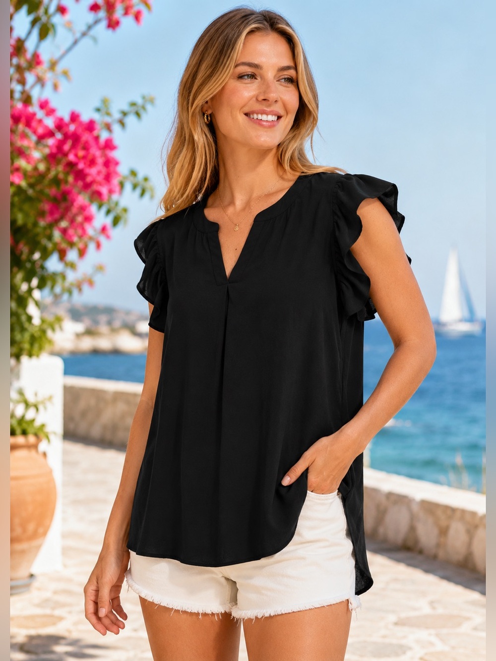 Zenana Woven Ruffled Sleeve Top- Charcoal